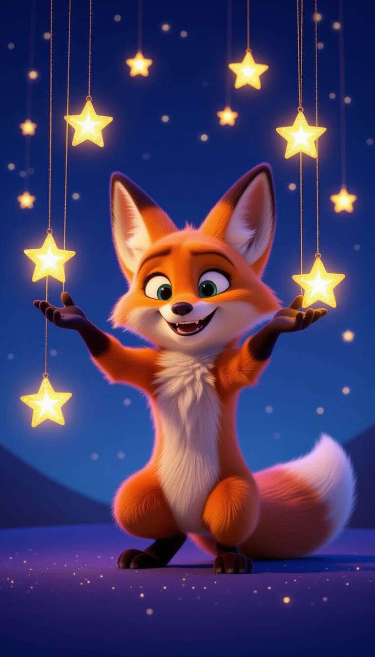 Whimsical Fox Manipulating Stars, Pixar Style