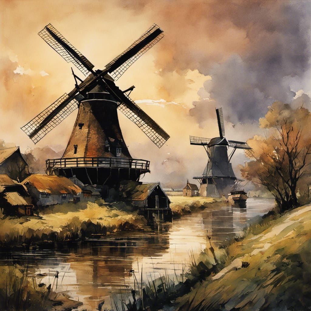 Dutch Windmills in Comic Book Watercolor Style