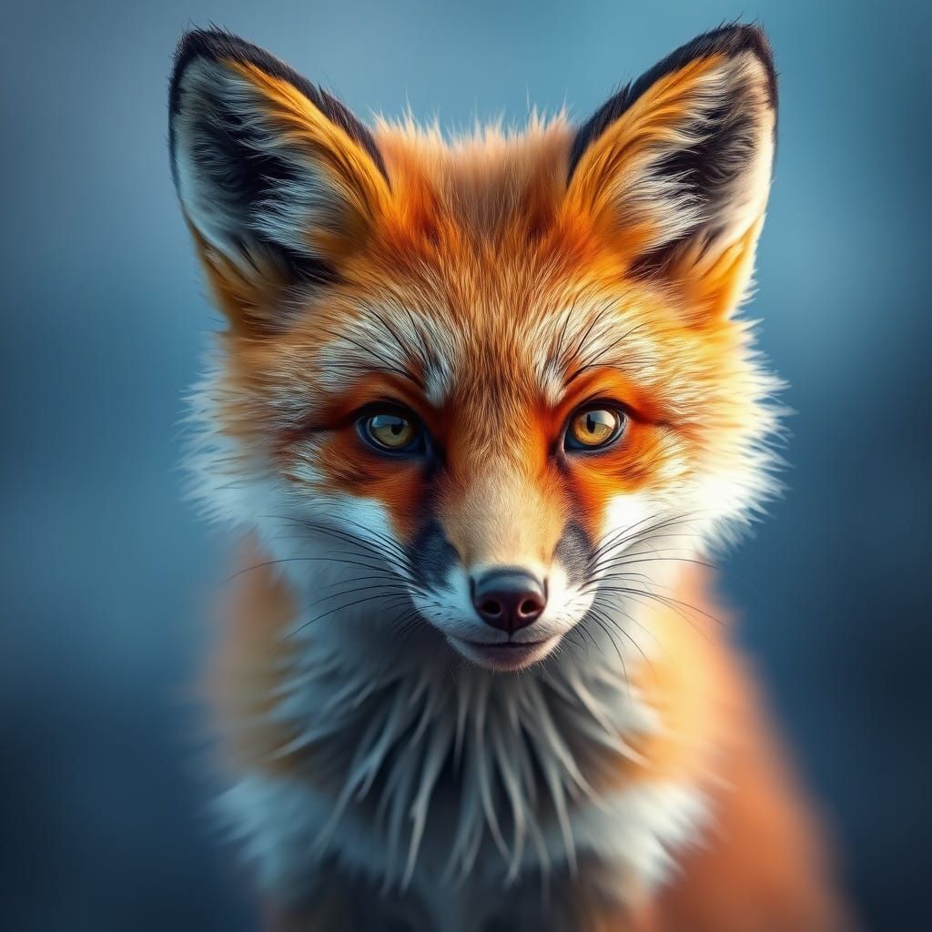 Majestic Hyperrealistic Little Fox in Dreamy Blue Atmosphere