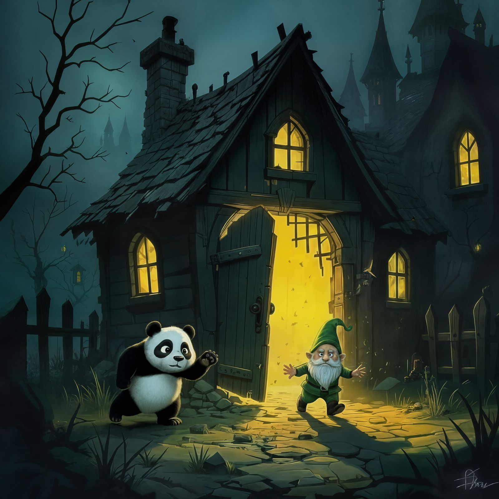 Gothic Castle Grounds Escape: Panda and Gnome Flee Hut
