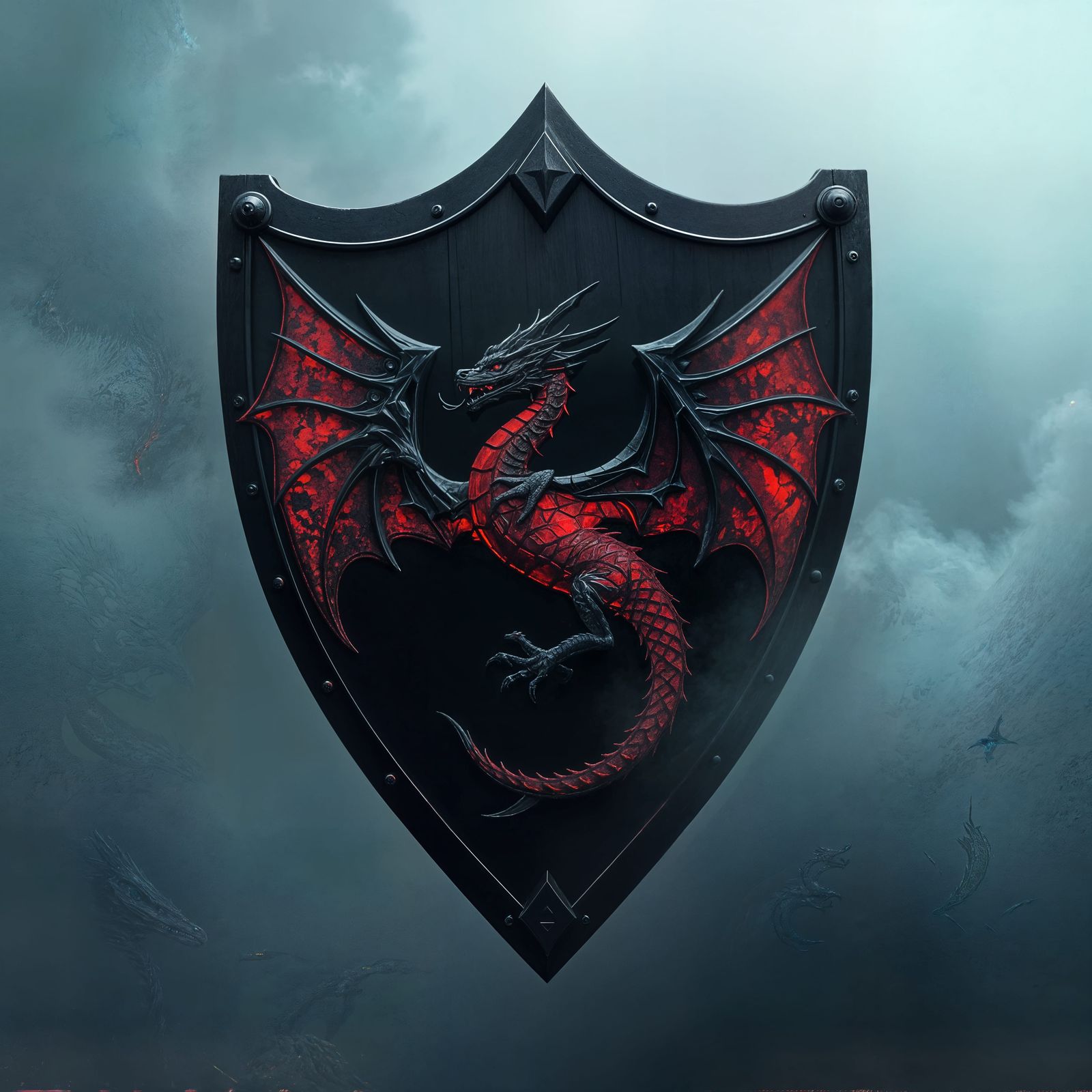 Epic Black Shield with a Shining Red Dragon Inlay in Dark Fo...