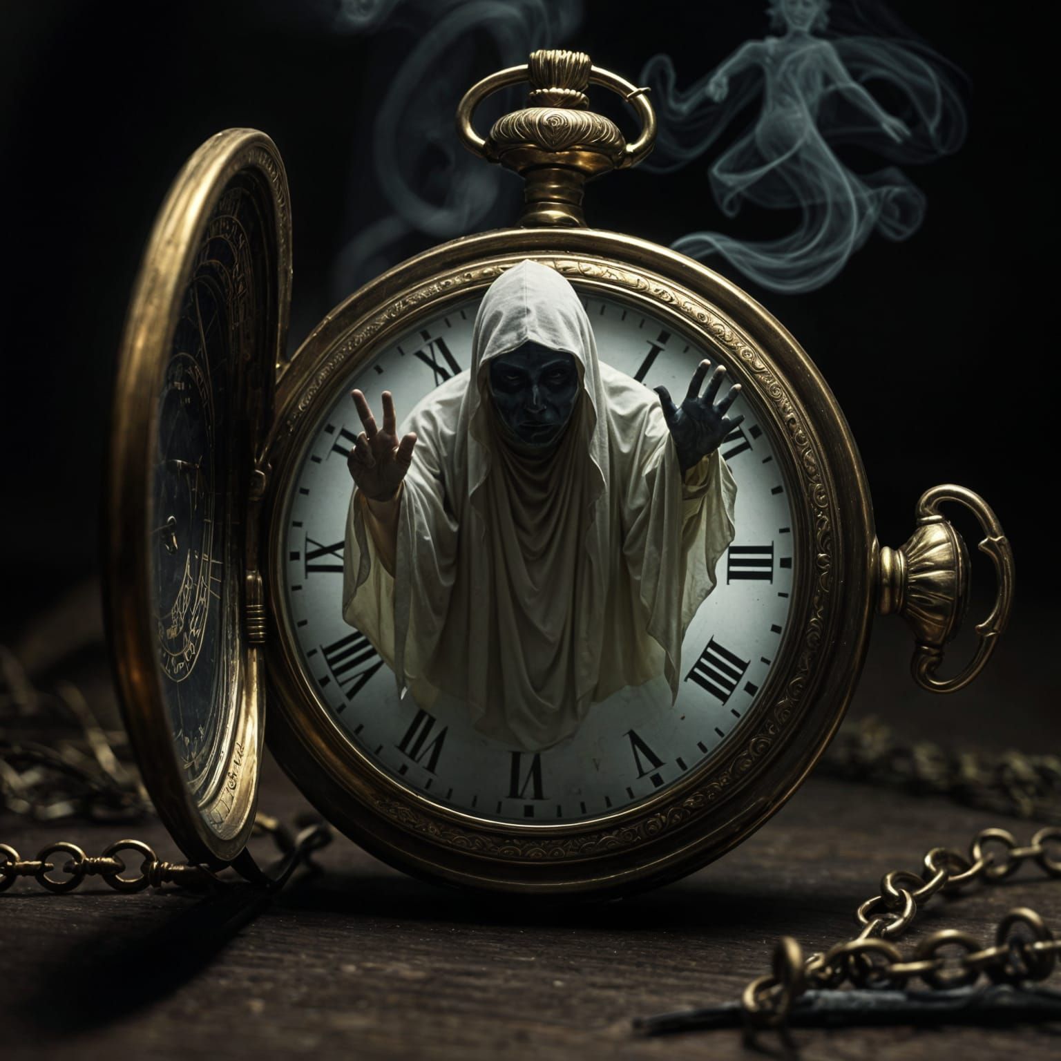 Ghostly Figure Emerges from Brass Pocket Watch