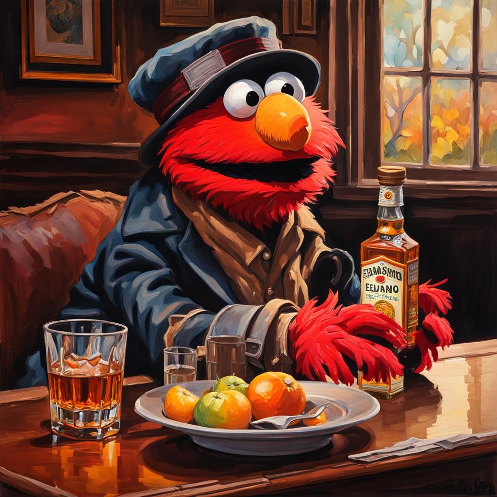 Elmo from Sesame Street in a hat and an old coat is sitting ...