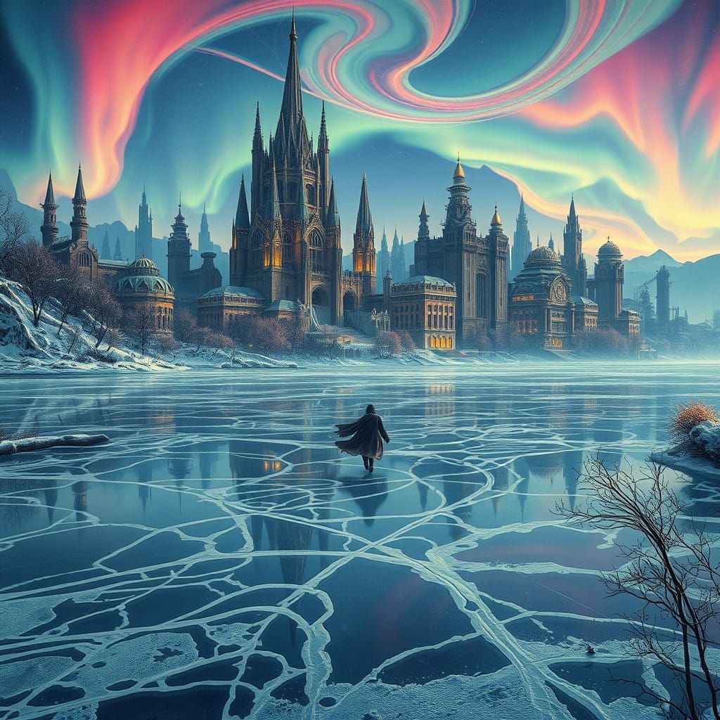 Futuristic Winter Scene: Art Nouveau and Cyberpunk Fusion