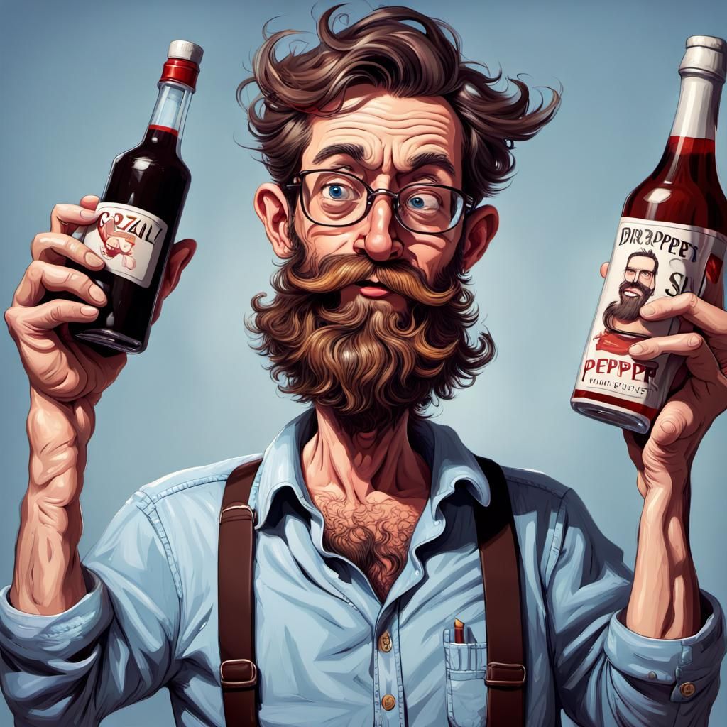 Funny Caricature of Tired Man with Wine and Cigarettes