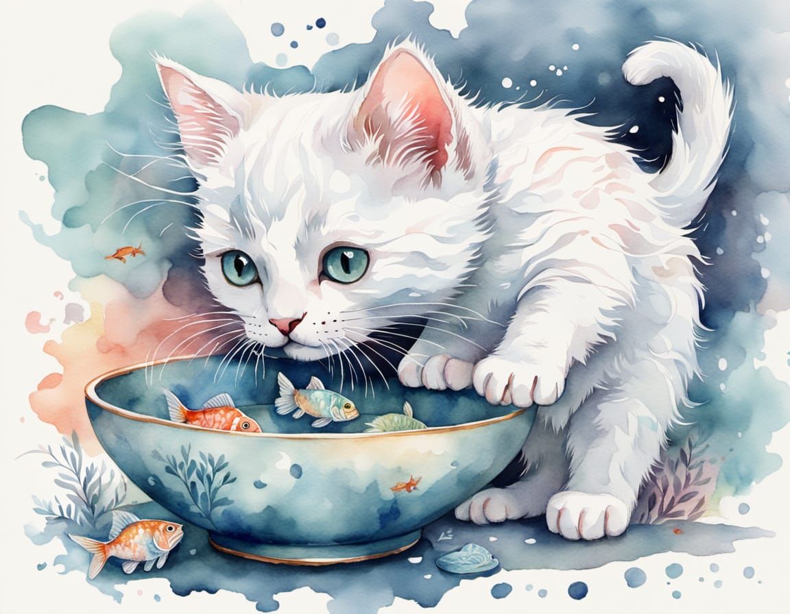 Whimsical Watercolor Kitten Chasing Fish