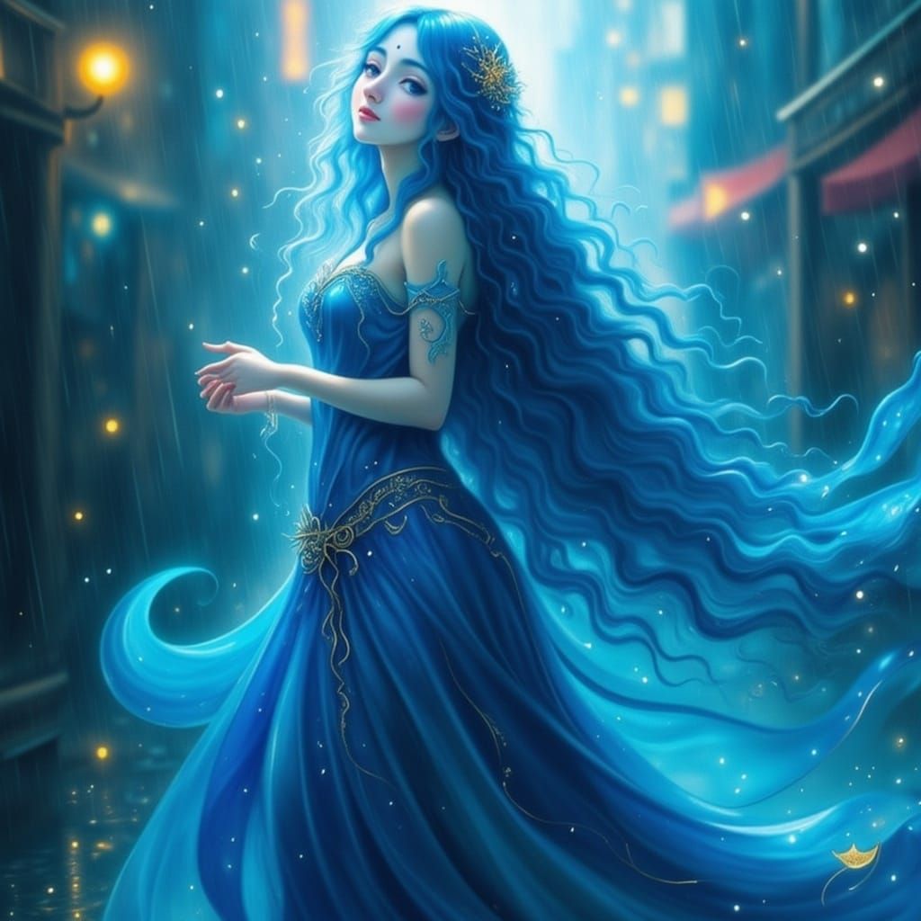 Blue Serene Figure in Rain-Soaked City