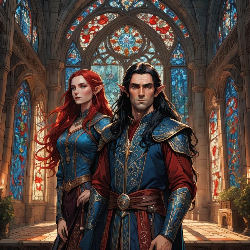 A male elf with very long black hair.blue eyes,wearing red clothing. He stands inside a castle home, with a female who ...