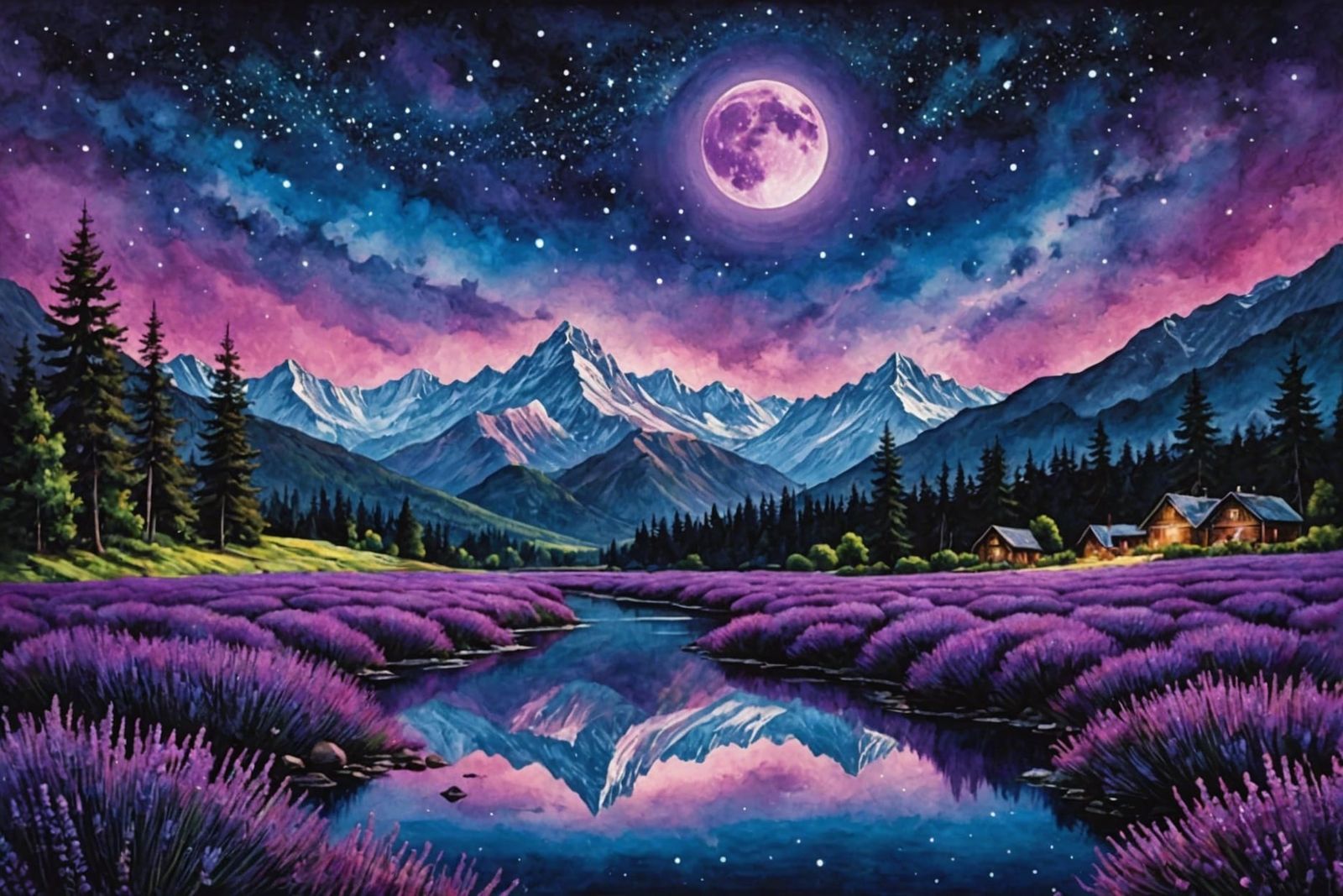Lavender Field Under Purple Moon: Oil, Watercolor, Ink