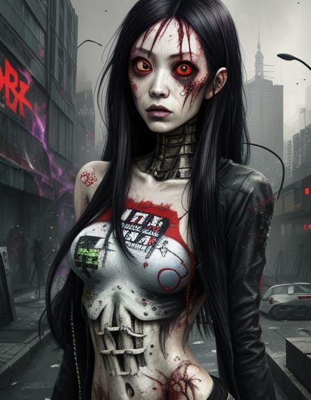 Surreal Horror Art: Tomie With Parasite in Cyberpunk Setting