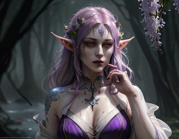 A wet vampiric looking beautiful, druid elvish woman, with l...