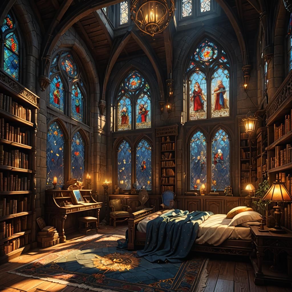 Princess in a Sunlit Medieval Library Bedroom