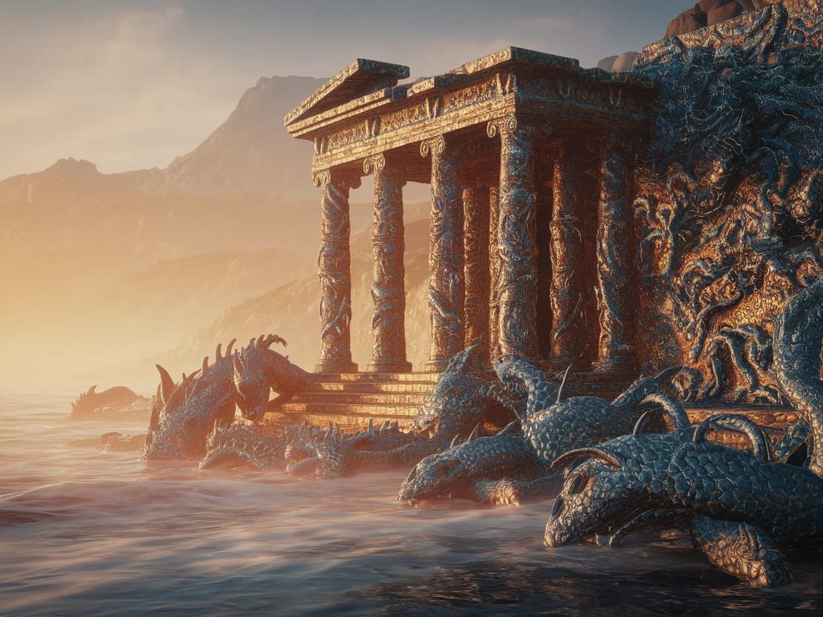 Golden Seaside Temple Emerges from the Mist