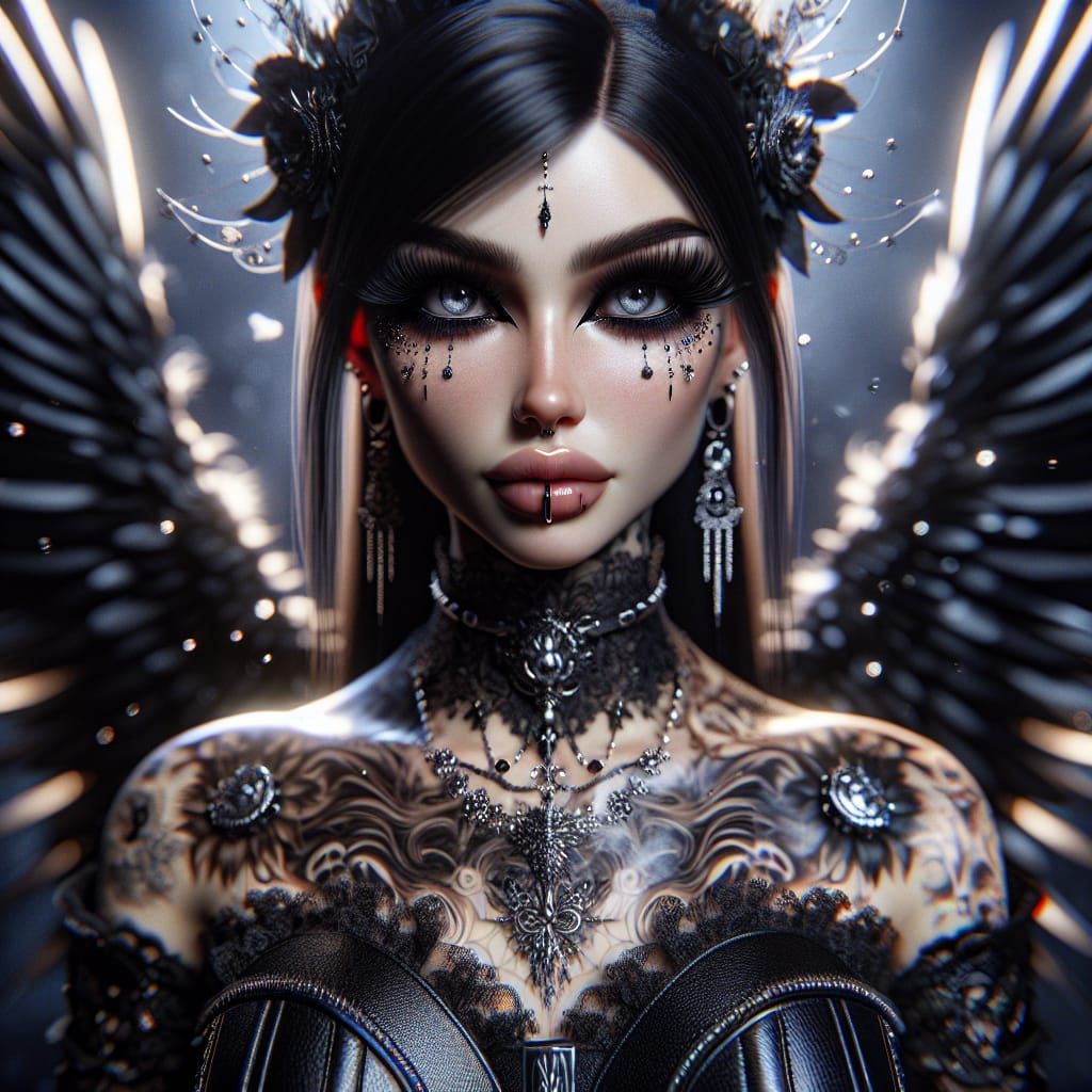 Gothic Chic Woman with Wings in Hyperrealistic Style