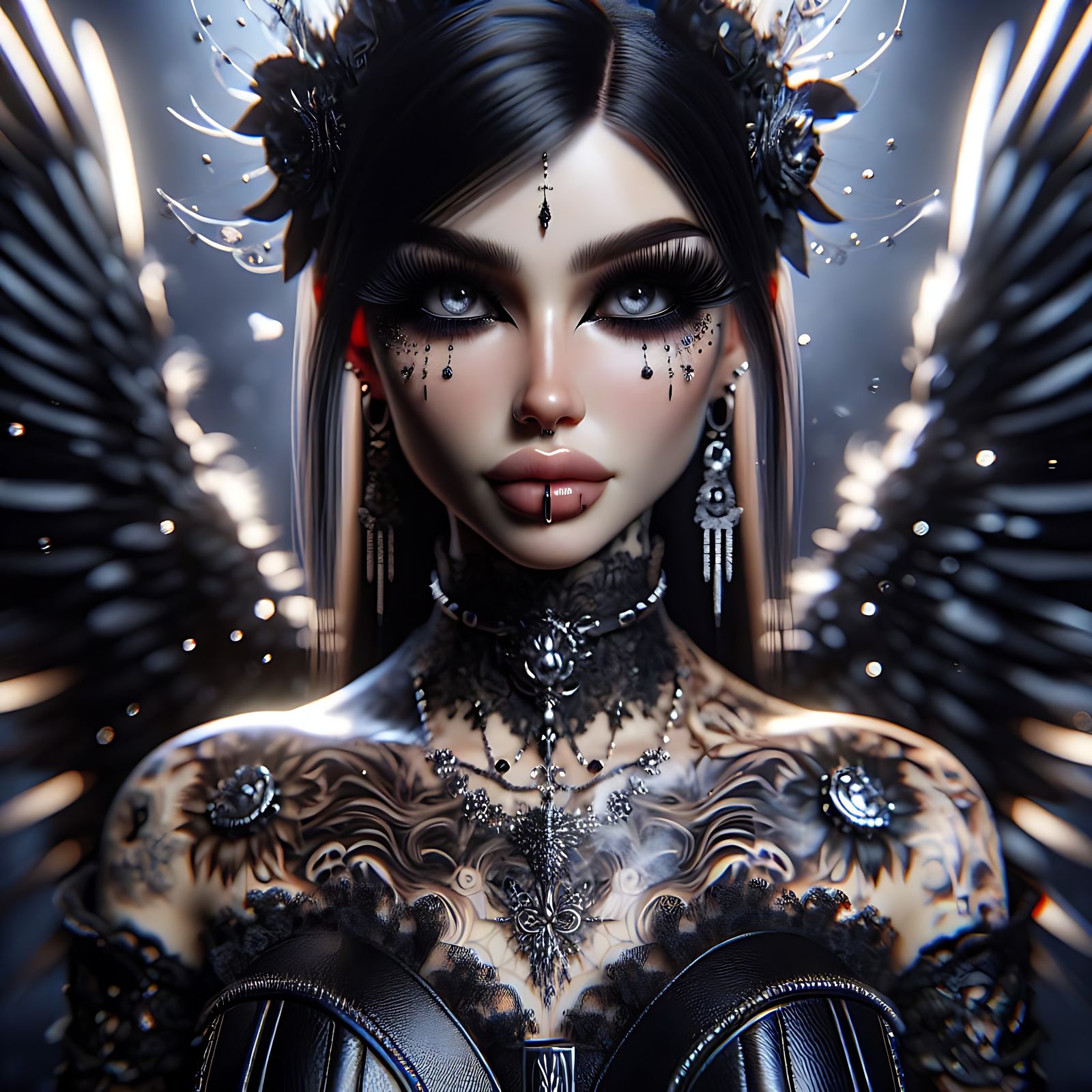 Gothic Chic Woman with Wings: Hyperrealistic Portrait