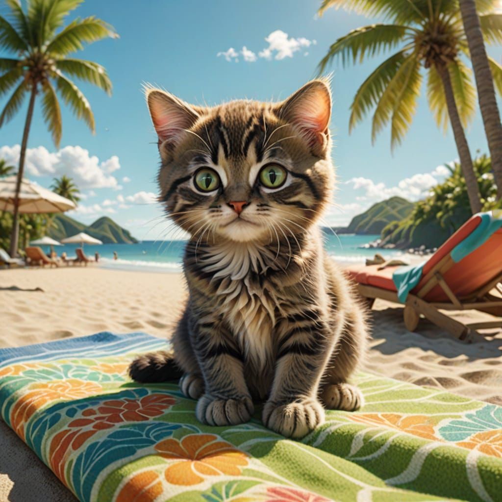 Whimsical Cartoon Kiwi Kitten on Beach