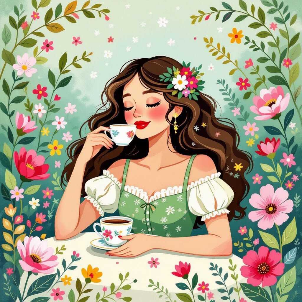 Whimsical Woman Enjoys Faux Holiday Amidst Lush Blooms