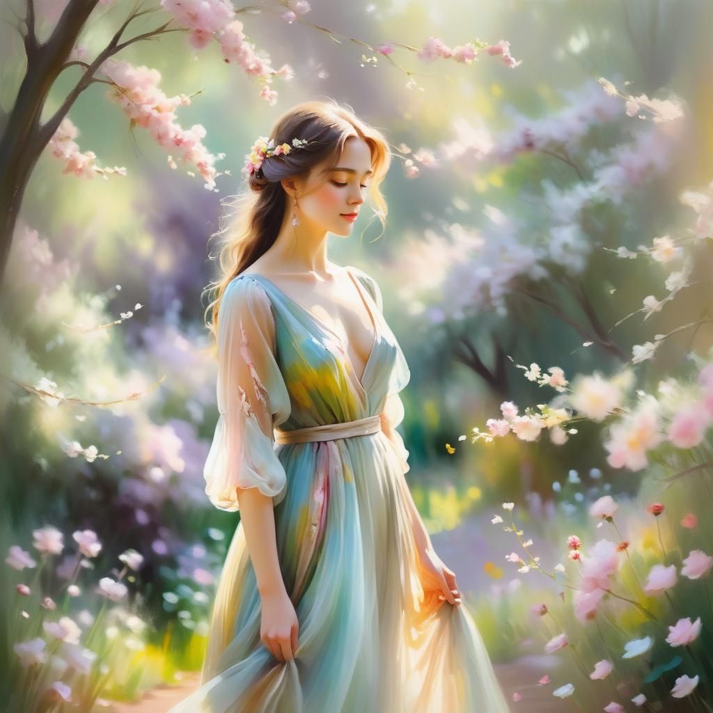 Serene Impressionist Garden Scene in Soft Pastel Hues