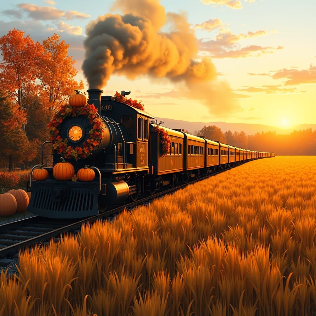 Festive Thanksgiving Train in Golden Hour Autumn Landscape