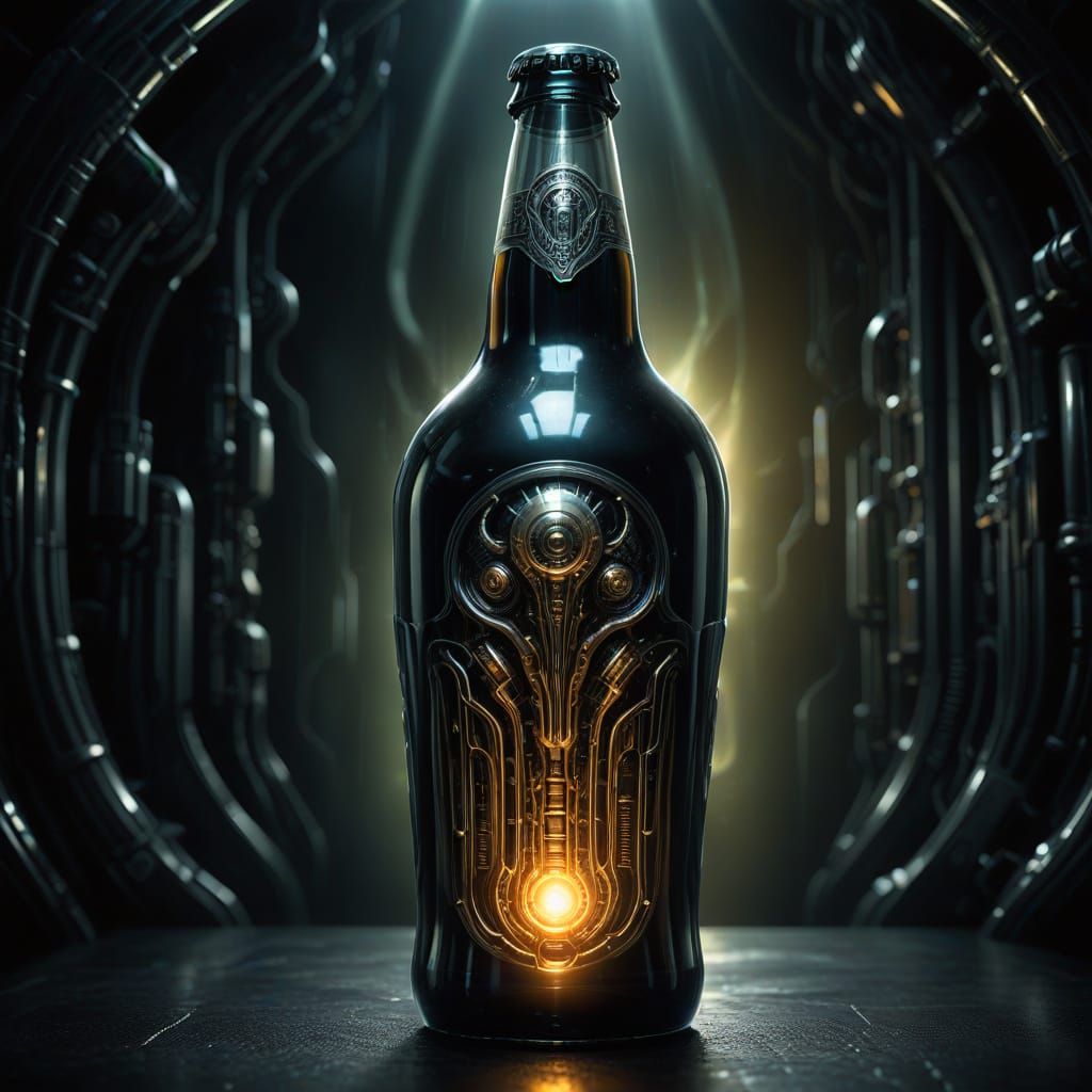 Biomechanical Beer Bottle in Dark Futuristic Style
