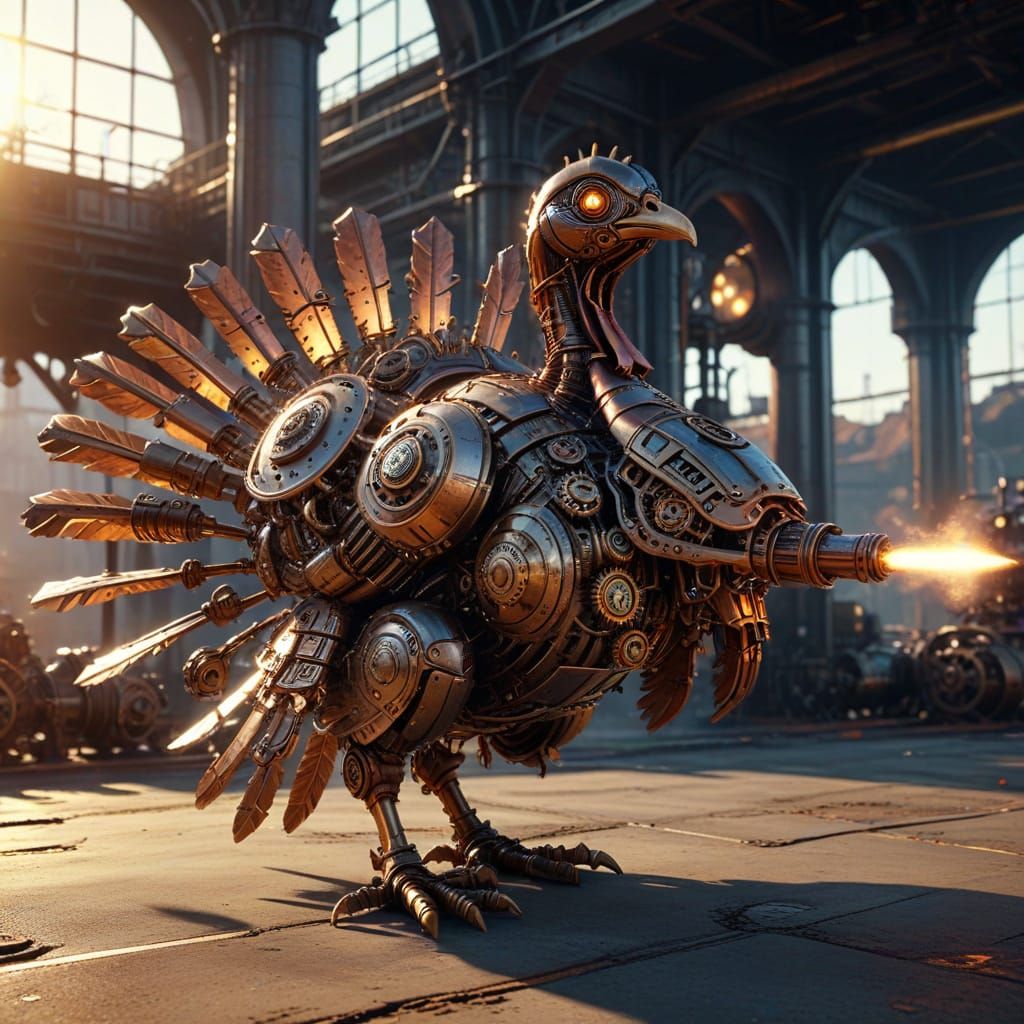 Steampunk Turkey Mech Ground-Level Shot in 8K