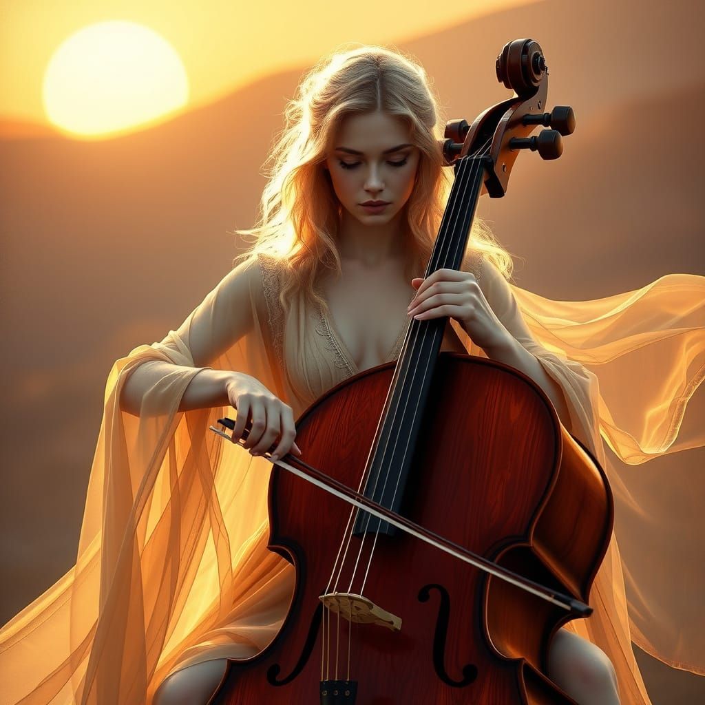 Golden Goddess Plays Majestic Cello in Ethereal Light