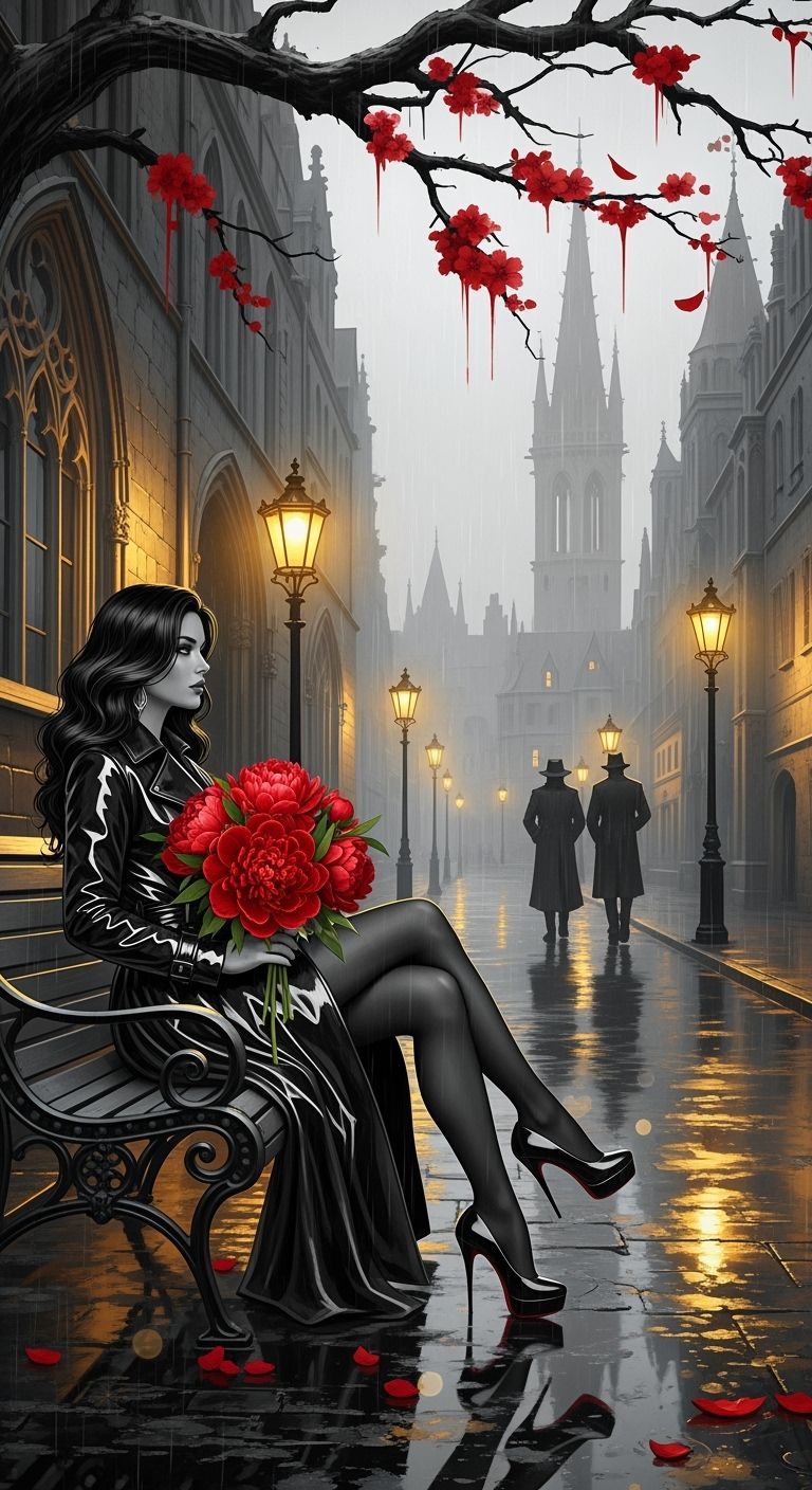 Noir Fantasy Woman with Red Peonies on Wet Street