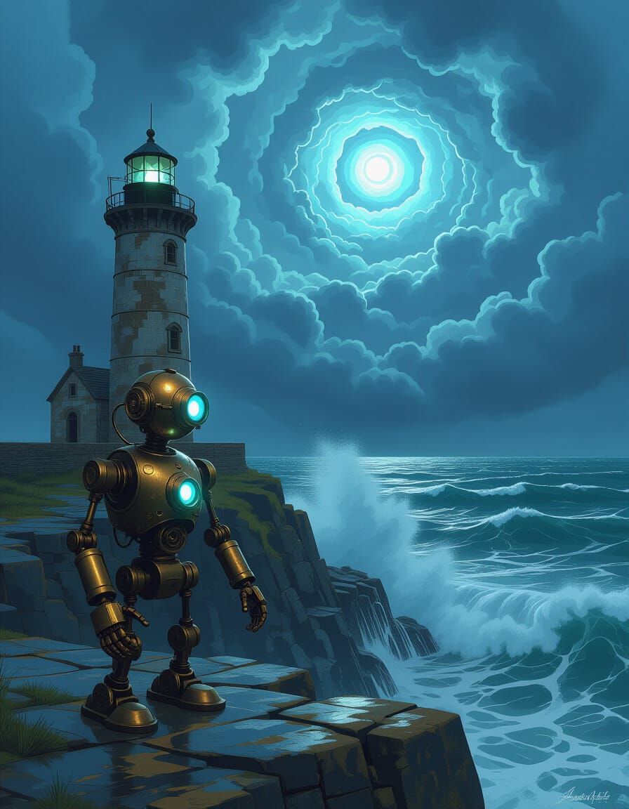 Automaton Watches Stormy Sea from Cliffside Lighthouse