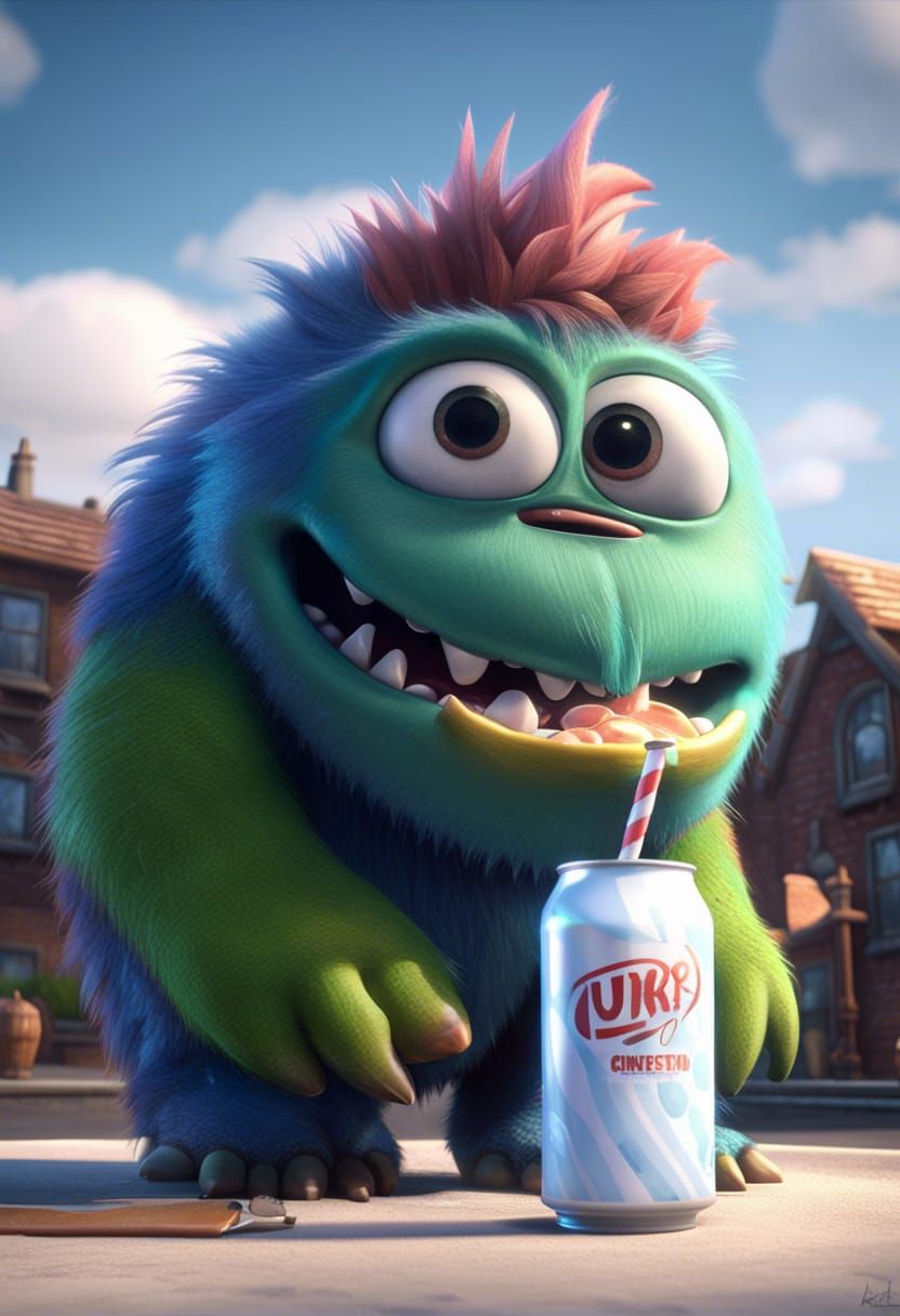 Cute Furry Monster Drinking Soda, Pixar Style
