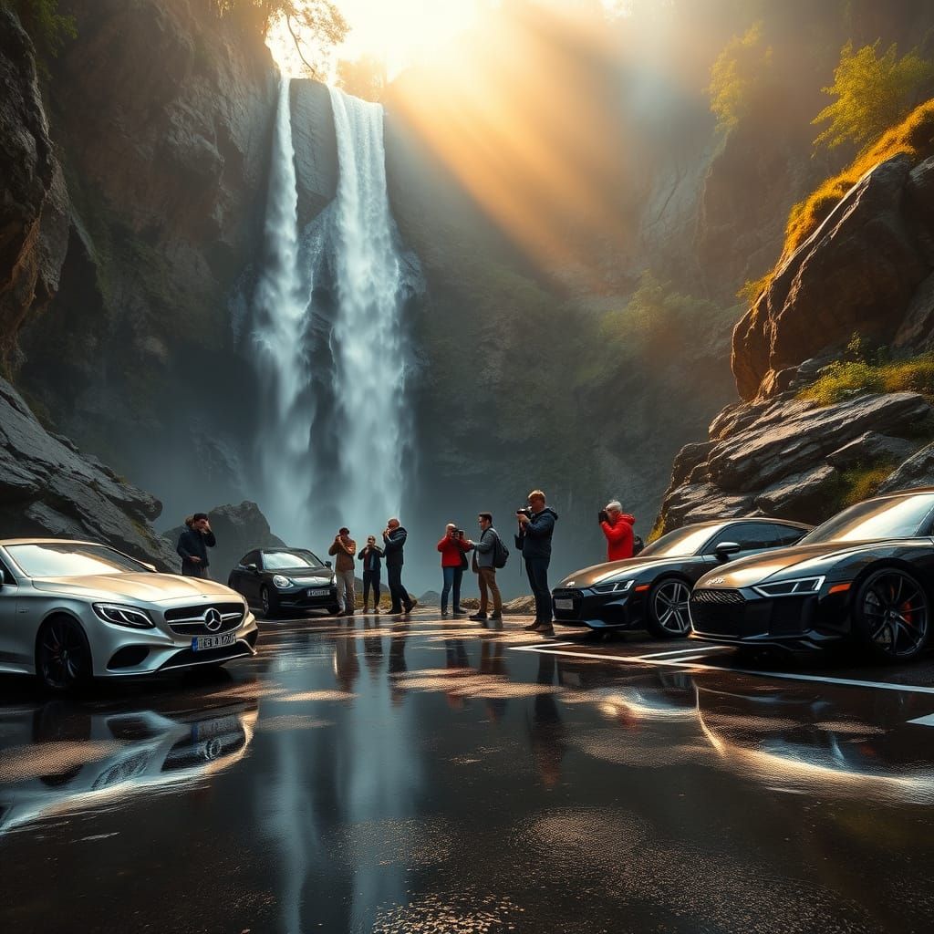 Luxury Cars Amidst a Majestic Waterfall