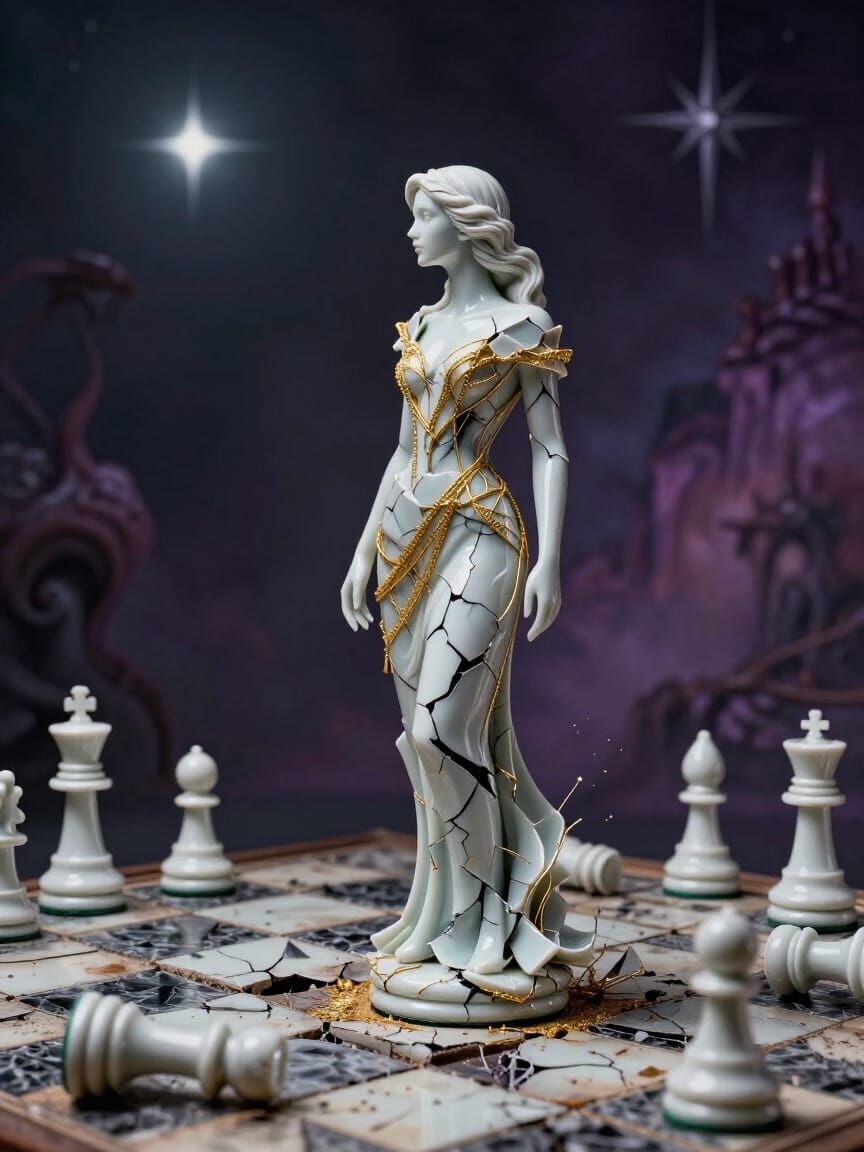 Shattered Porcelain Woman on Chessboard