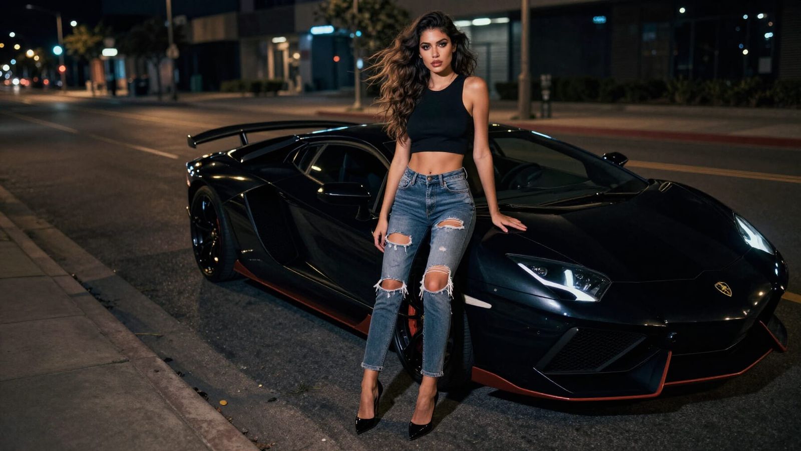 Confident Woman Beside Lamborghini at Night