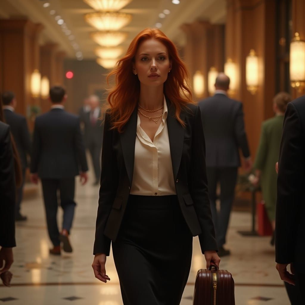 Red Haired Woman in Luxury Hotel Lobby