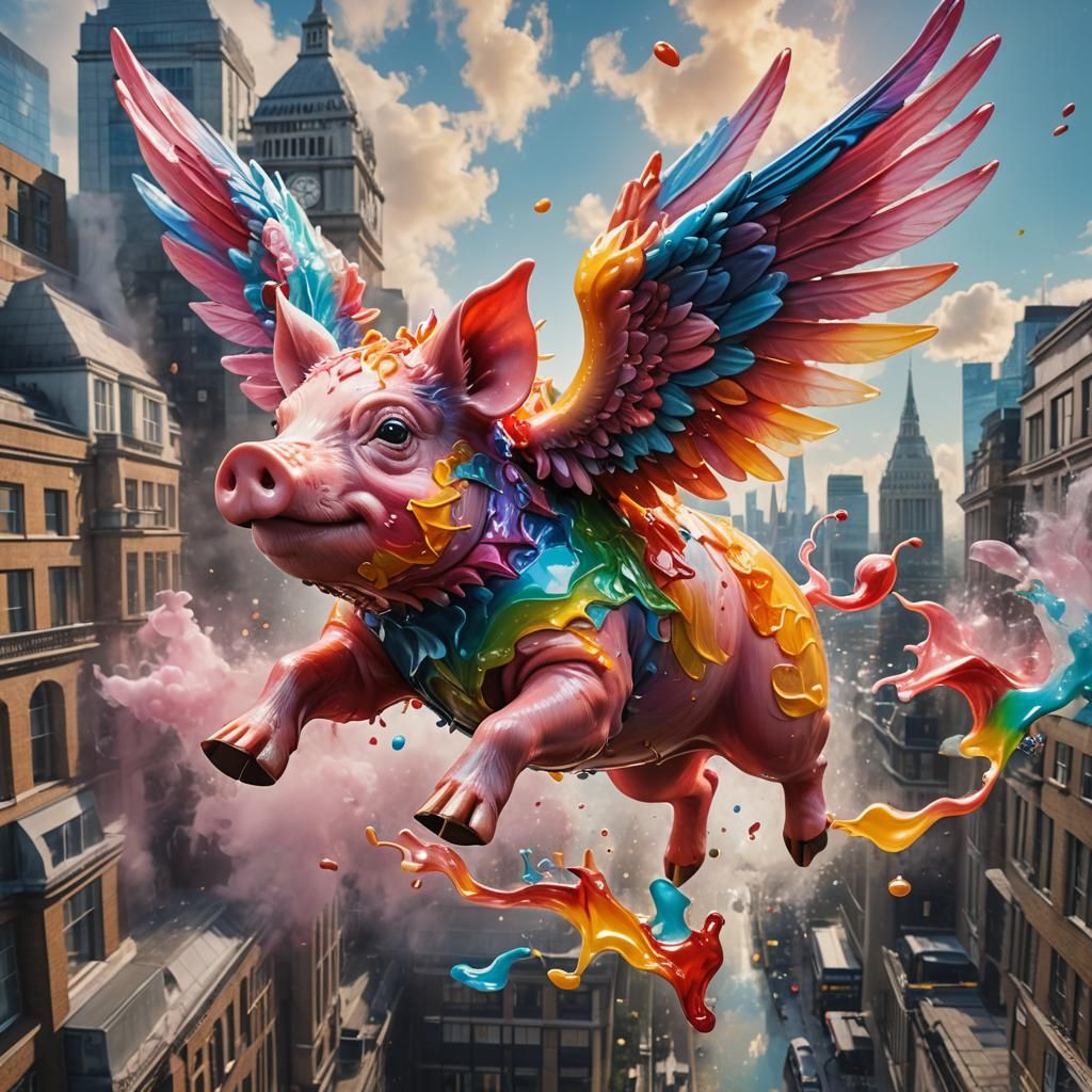 Colorful Jello-Winged Pig Flies Over London
