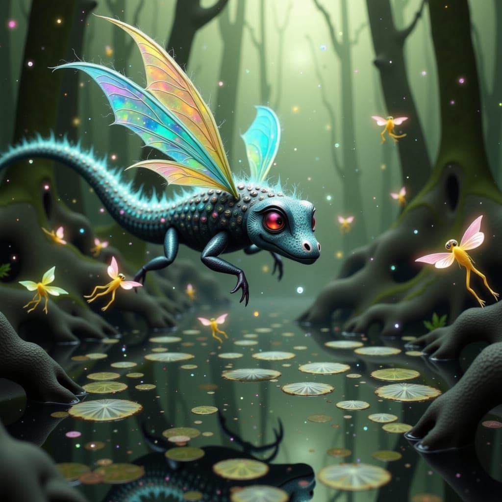 Iridescent Alligator-Dragonfly Hybrid Hunting Frogs