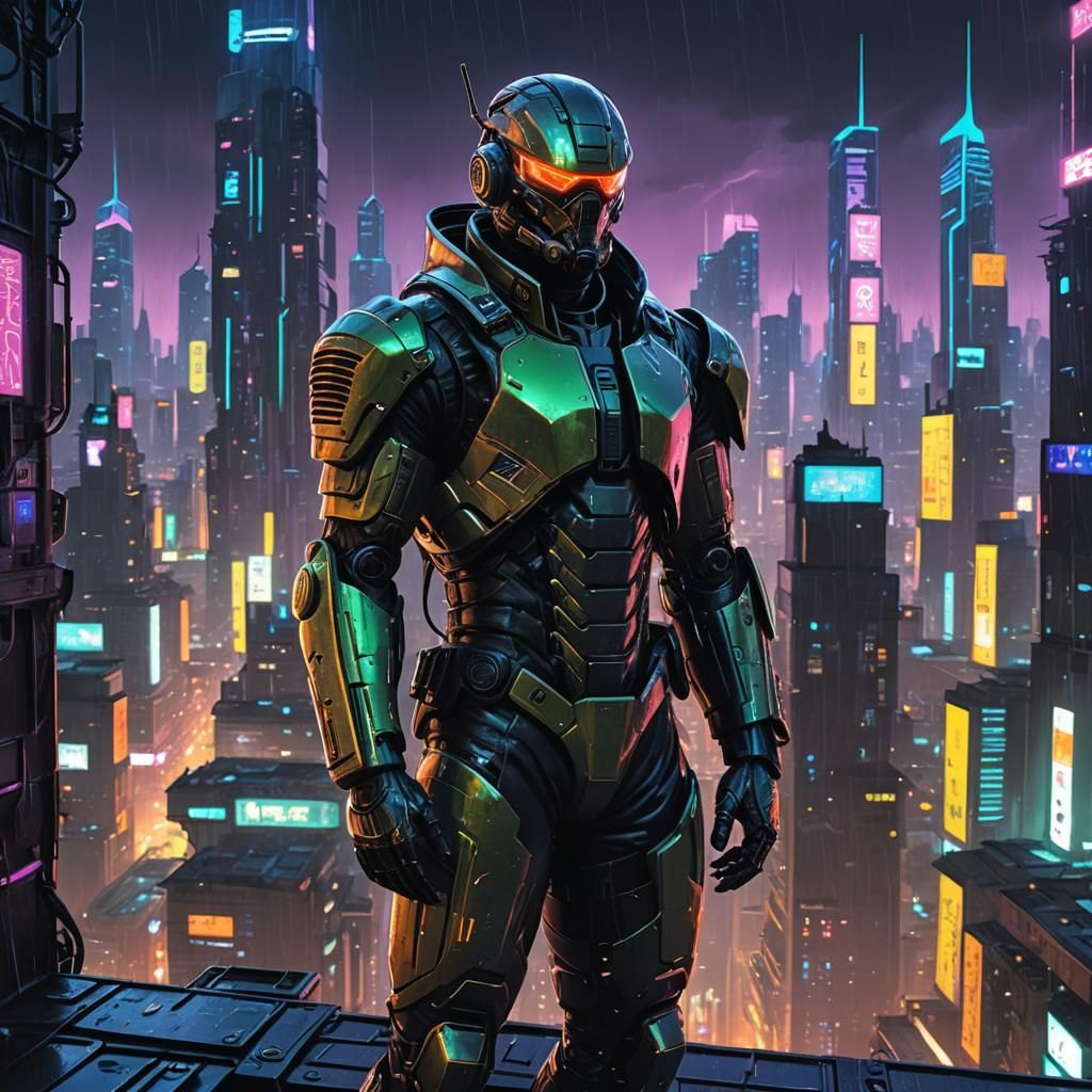 Cyberpunk Soldier Gazing Over Dystopian Cityscape