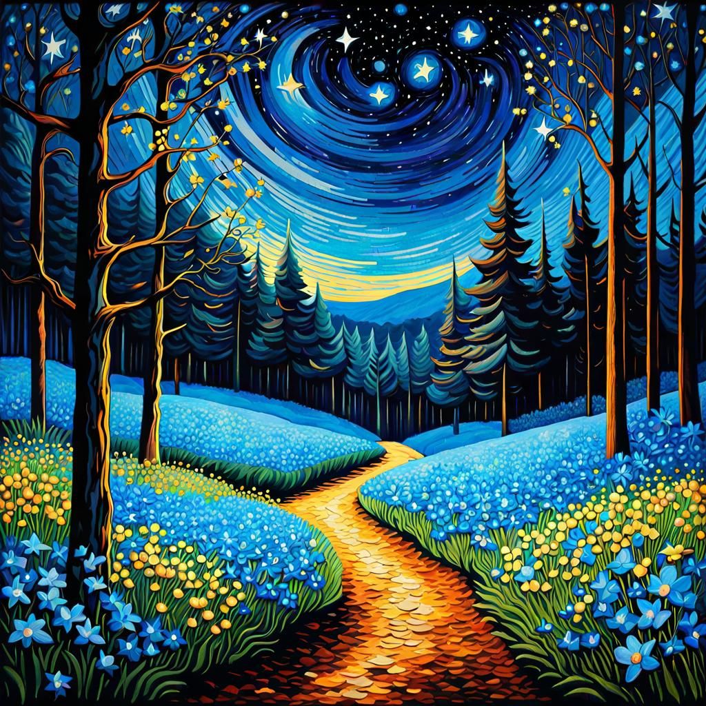 Forest Theme Park in Van Gogh Starry Night Style