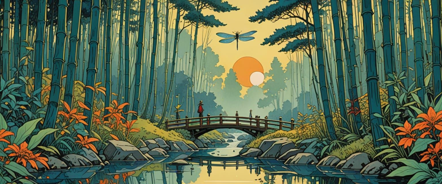 Shinto Shrine Gateway in Bamboo Forest with Dragonfly