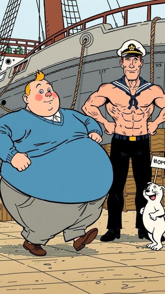Comic style 2D illustration in Hergé’s Ligne Claire. Over-obese Tintin meets six pack flaunting Captain Haddock, Snowy's...