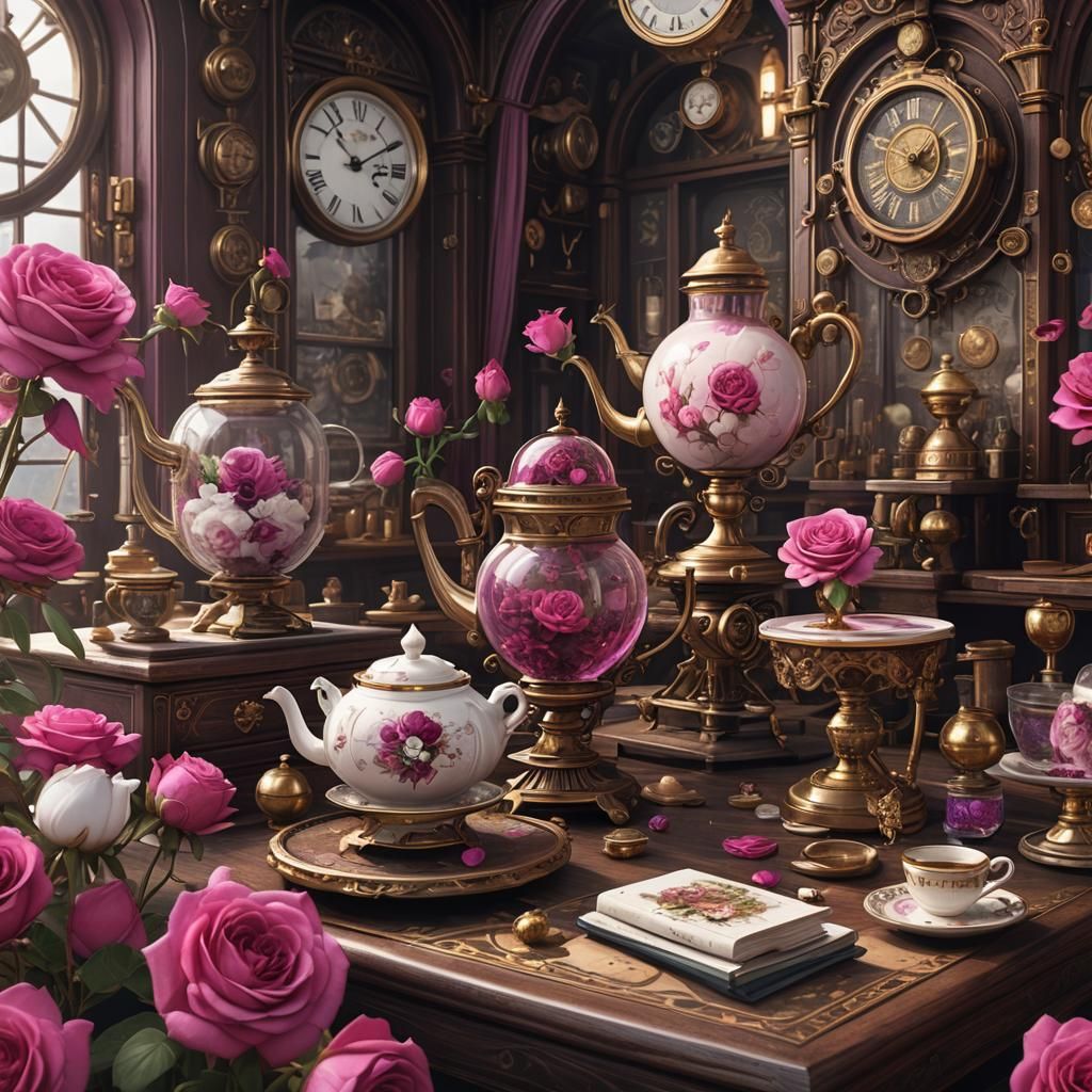 Fuchsia Teahouse with Steampunk Inventions