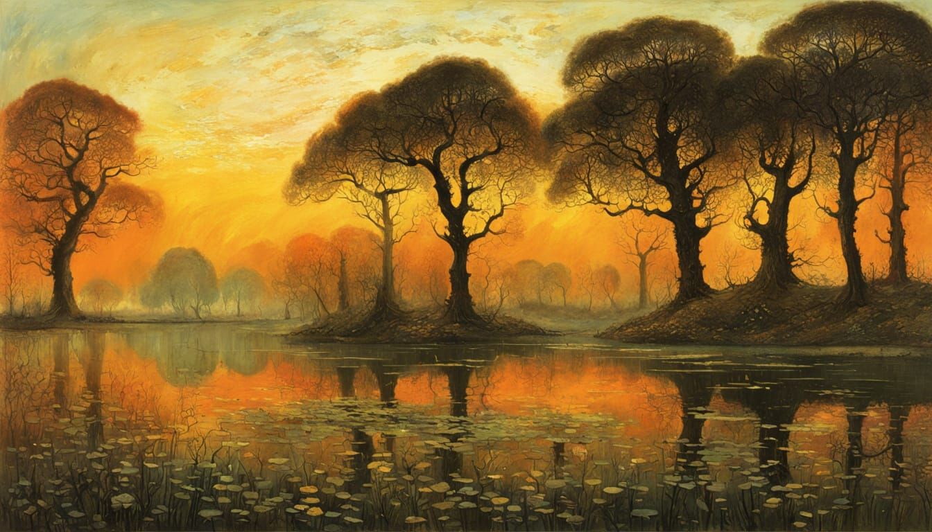 Dramatic Landscape at Dusk with Lake and Majestic Oak Trees