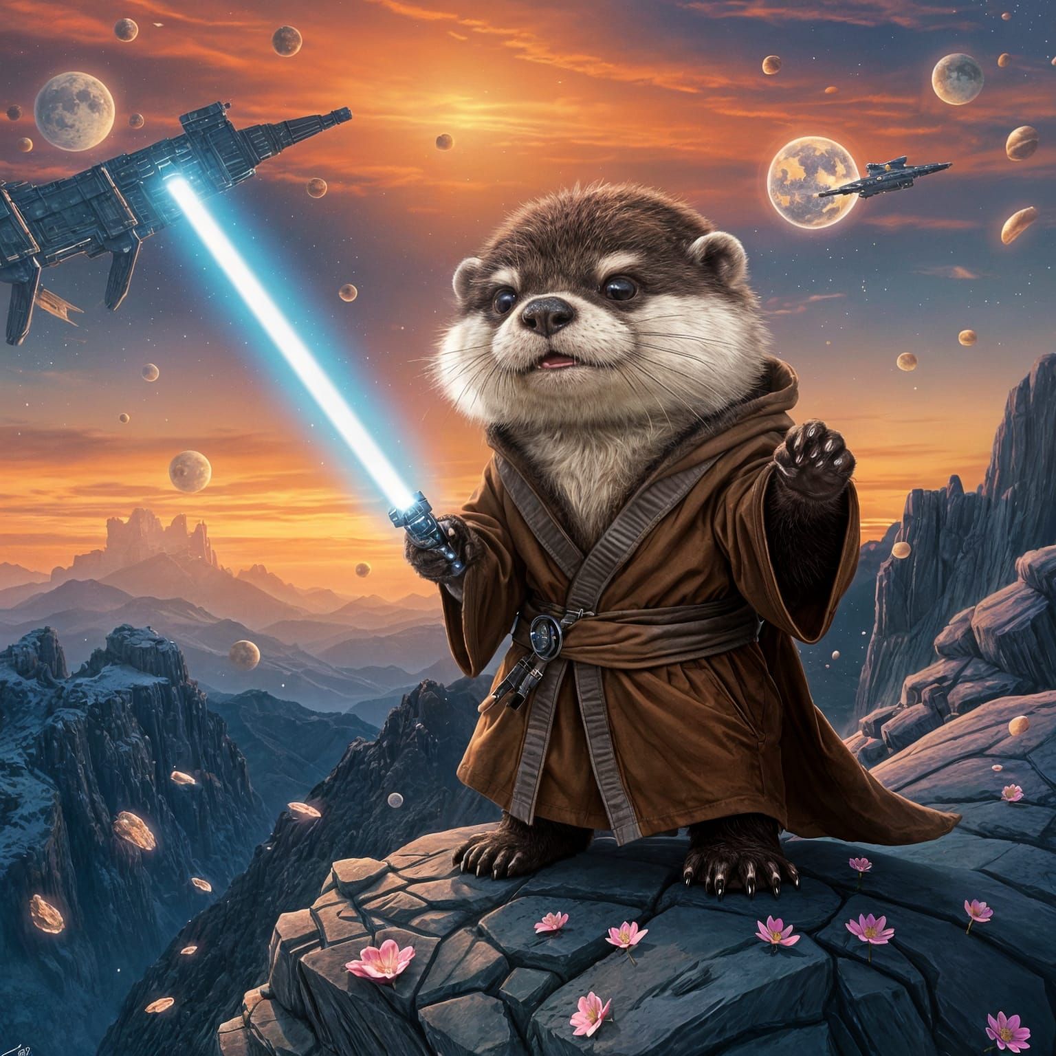 Cute Fluffy Jedi Hero Stands Tall on Rocky Cliff