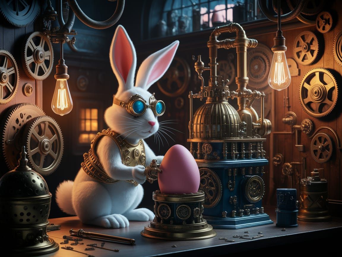 Steampunk Easter Bunny in Whimsical Industrial Workshop
