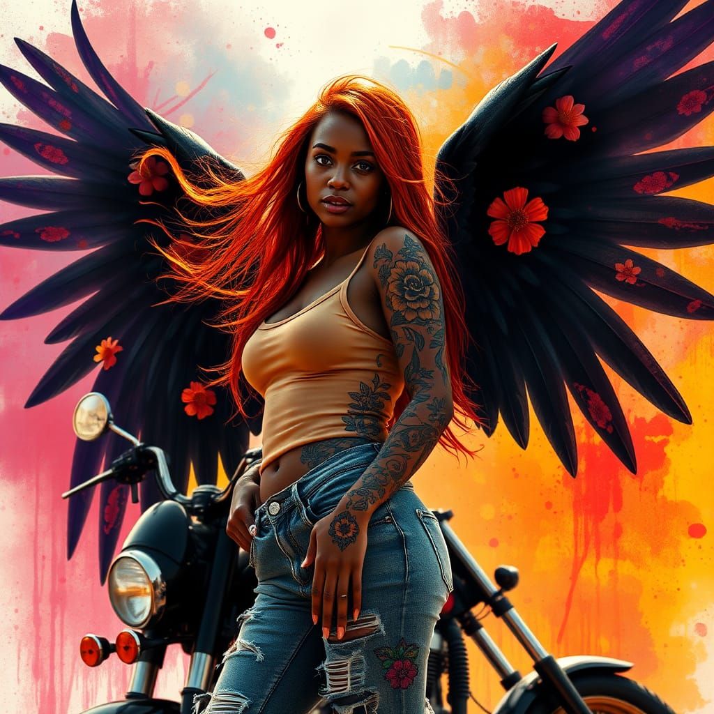 Jamaican Woman with Floral Tattoos and Angel Wings