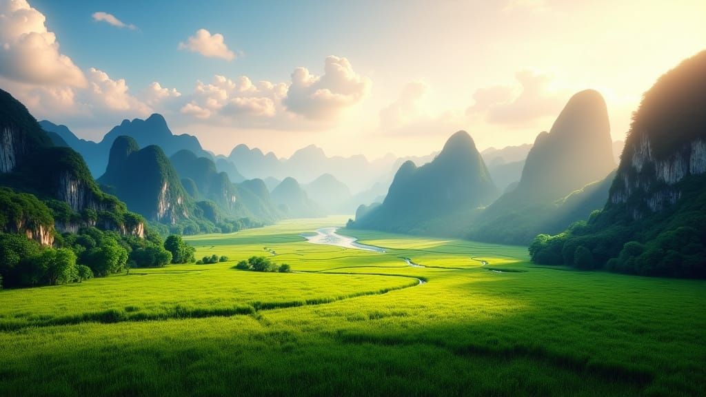 Karst Mountains in Yangshuo, China: Golden Hour Panorama