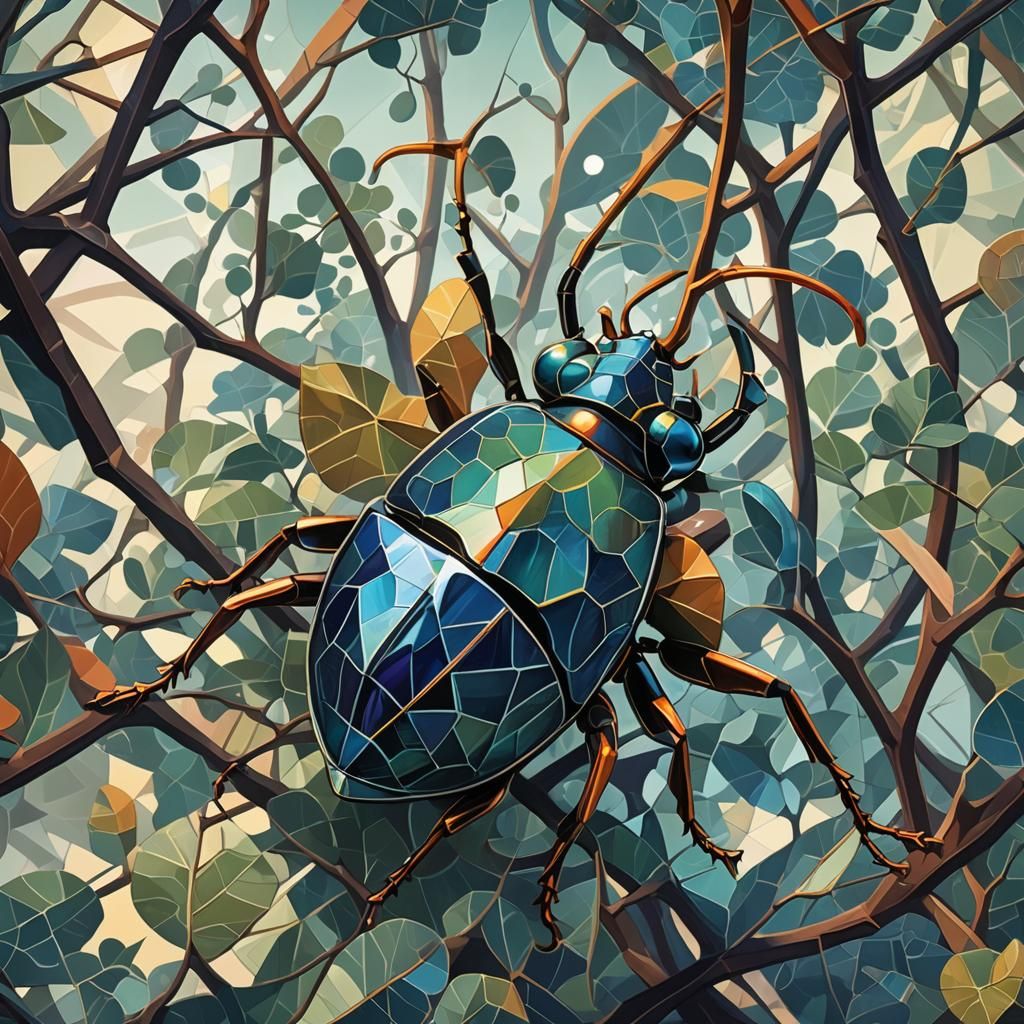 Iridescent Horned Beetle on Branch in Cubist Style