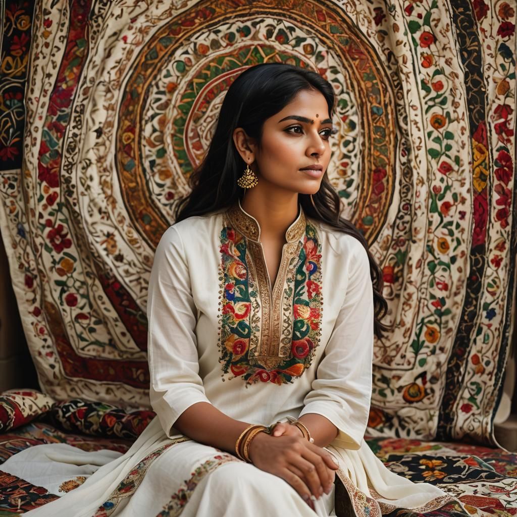 Portrait of Beautiful Indian Girl in Folk Art Style