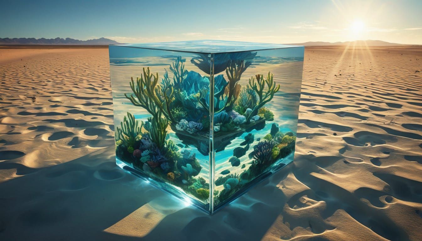 Crystal Ocean Cube in Sun-Scorched Desert Landscape