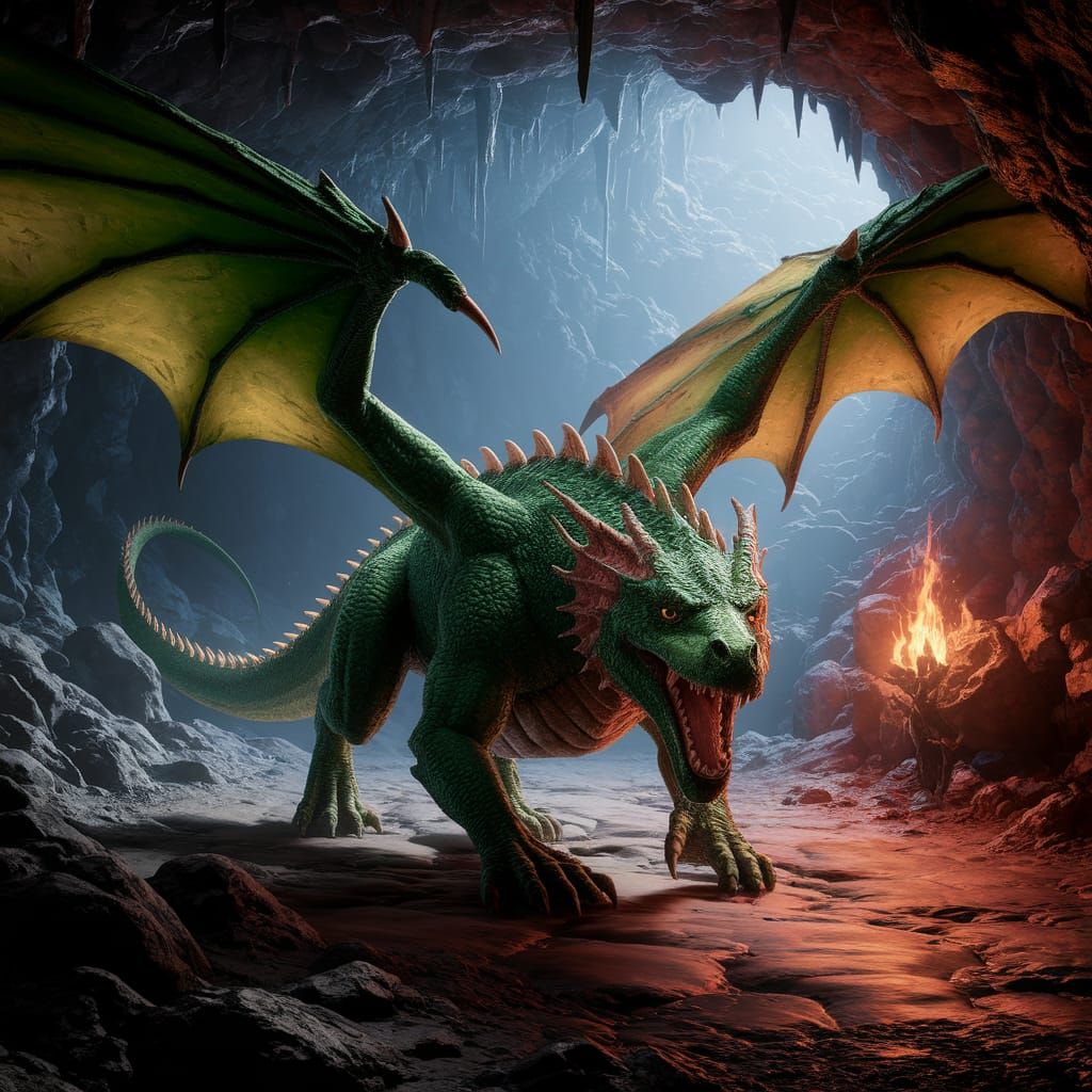 Green Dragon in Underground Cave: Fantasy Concept Art