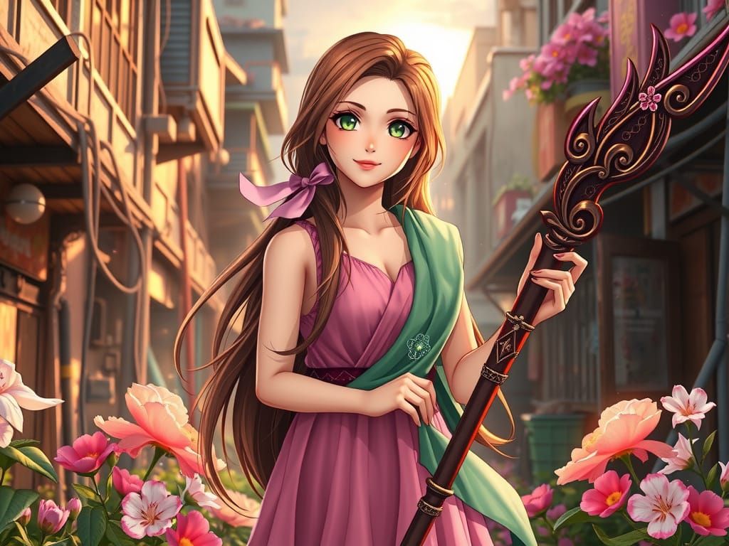 Serenely Standing Amidst Vibrant Blossoms in a Cyberpunk Fan...